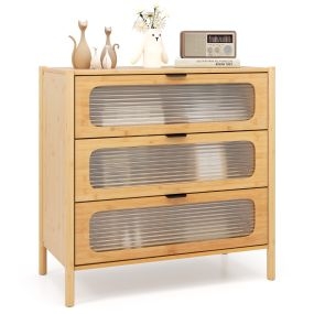 Cómoda de 3 Cajones de Bambú con Frente de Vidrio Templado Estriado 80 x 40 x 78,5 cm