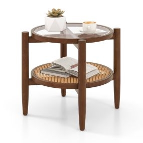 Mesa auxiliar redonda de ratán PE con tapa de vidrio templado y patas de madera de acacia 56 x 56 x 46 cm marrón