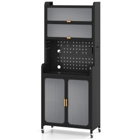 Armario de Cocina de 6 Niveles con Ruedas Patas Fijas Puertas Abatibles Transparentes y Estante Ajustable 79 x 37 x 192 CM Negro