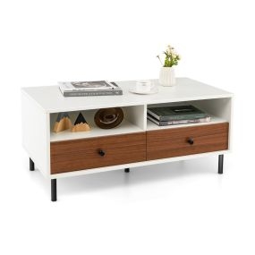 Mesa de Centro de Madera con 2 Cajones 2 Estantes de Almacenamiento Rectangular Multifuncional Fácil Montaje Mesa Auxiliar Blanco