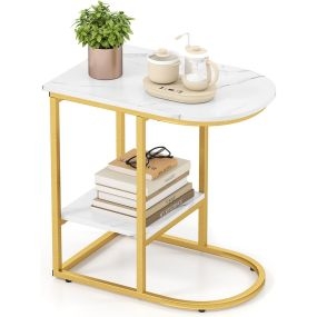 Mesa Lateral en Forma de C Moderna con Superficie de Mármol Artificial y Estante Mesa de Sofá de 2 Niveles para Salón Dormitorio Blanco