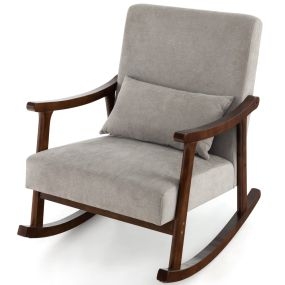 Sillón mecedora de madera de caucho con reposabrazos, respaldo ancho y cojín, marrón 90 x 66 x 83 cm