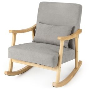 Sillón mecedora de madera de caucho con reposabrazos, respaldo ancho y cojín gris 90 x 66 x 83 cm