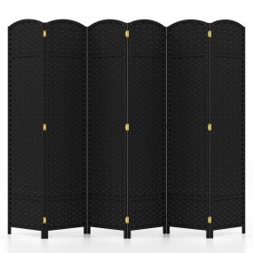 Separador de Ambientes Plegable de 6 Paneles Biombo de 170 cm con Textura Tejida Mano Marco de Madera Maciza para Sala de Estar Negro