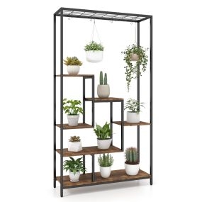 Soporte para Plantas Alto de 6 Niveles Estante de 180 cm con 10 Ganchos para Colgar y Estante de Alambre para Balcón Sala de Estar Marrón