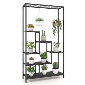 Soporte para Plantas Alto de 6 Niveles Estante de 180 cm con 10 Ganchos para Colgar y Estante de Alambre para Balcón Salón Negro