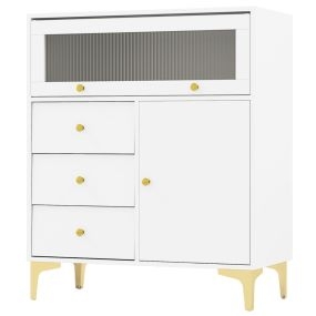 Cómoda para Dormitorio Gabinete de Almacenaje Moderno con Puerta de Vidrio Acanalado Abatible y Cajones Extraíbles Patas de Metal Blanco