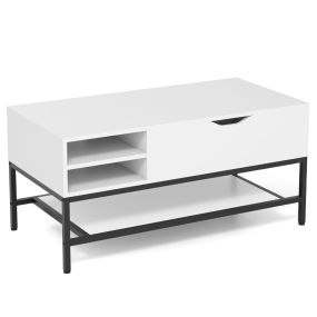 Mesa de Centro Elevable Mesa Central de Salón Abatible con Compartimento Oculto y Estante de Almacenamiento Extraíble Marco de Metal Blanco