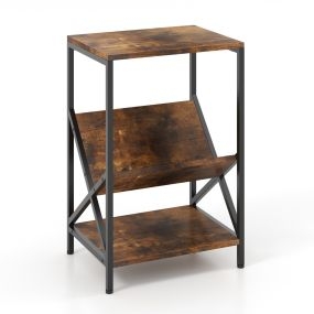 Mesa Auxiliar de 3 Niveles Mesa de Café Pequeña con Revistero en Forma de V Marco de Metal y Almohadillas Ajustables para Salón Marrón