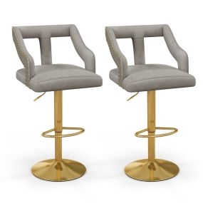 Juego de 2 Sillas de Bar Taburete Giratorio Ajustable con Reposapiés Base de Metal Silla de Comedor de Terciopelo Holandés para Bar Gris