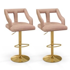 Juego de 2 Sillas de Bar Taburete Giratorio Ajustable con Reposapiés Base de Metal Silla de Comedor de Terciopelo Holandés para Bar Rosa