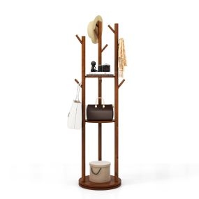 Perchero de Madera Giratorio de 167 cm para Entrada Sala de Estar con 3 Estantes de Almacenamiento 9 Ganchos para Abrigos Bolsos Nogal