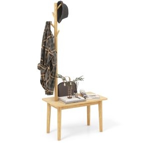 2 en 1 Mesa Auxiliar de Madera Maciza para Dormitorio con Banco para Zapatos y 3 Ganchos para Bolsos Abrigos 76 x 43 x 168 cm Natural