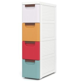 Gabinete estrecho con 4 cajones y ruedas para baño, aula, estudio y salón multicolor