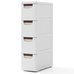 Gabinete de almacenamiento estrecho de 4 cajones con ruedas de plástico blanco para baño, estudio y salón