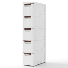 Gabinete de 5 Cajones de Almacenamiento Estrecho para Espacios Pequeños con Ruedas Contenedor de Plástico para Baño Salón Blanco