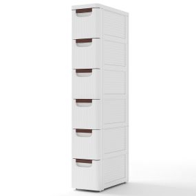 Gabinete de 6 Cajones de Almacenamiento Estrecho para Espacios Pequeños con Ruedas Contenedor de Plástico para Baño Salón Blanco