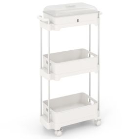 Carro de Utilidad de 3 Niveles con Ruedas Bloqueables Carro Multifuncional con Tapa y Estante Organizador Móvil para Cocina Oficina Blanco