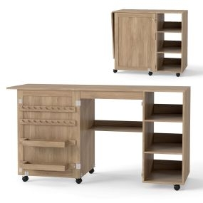 Mesa de costura plegable multifuncional con estantes, 18 ganchos, cajones y ruedas natural