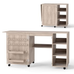 Mesa de costura plegable multifuncional con estantes, 18 ganchos, cajones y ruedas, roble