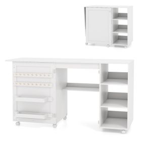 Mesa de costura plegable multifuncional con estantes, 18 ganchos, cajones y ruedas, blanco