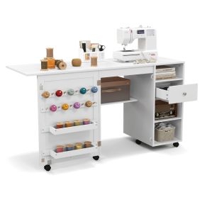 Gabinete de costura plegable con estantes, bandejas y ganchos, escritorio para máquina de coser, blanco, 6 ruedas bloqueables
