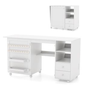Mesa de costura plegable blanca con enchufe USB, cajones, ruedas con freno y soporte para hilos, MDF, 88 x 50 x 78 cm