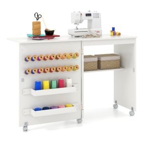 Mesa de costura plegable multifuncional compacta con estante, 2 bandejas, 18 pines, puerta y 5 ruedas, blanco