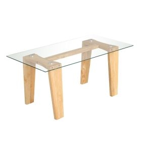 Mesa de Café de Vidrio Mesa Central Rectangular de 100 CM con Patas de Madera de Caucho Sólido Mesa de Cóctel para Sala de Estar Natural