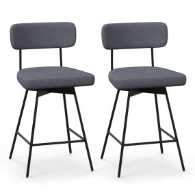 Set de 2 Taburetes de Bar Giratorios Silla de Bar con Asiento y Respaldo Acolchado Estructura Metálica Taburete de Tela de Lino-Gris