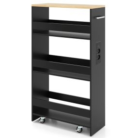 Carrito Delgado de 20 cm con Estación de Carga 4 Niveles Asa Barandillas y Ruedas Bloqueables para Sala o Cocina Negro+Natural