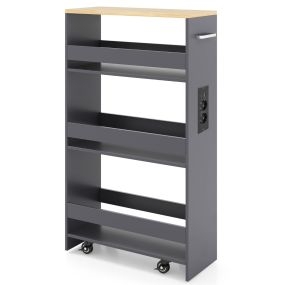 Carrito Delgado de 20 cm con Estación de Carga 4 Niveles Asa Barandillas y Ruedas Bloqueables para Sala o Cocina Gris+Natural