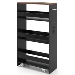 Carrito Delgado de 20 cm con Estación de Carga 4 Niveles Asa Barandillas y Ruedas Bloqueables para Sala o Cocina Negro+Nogal