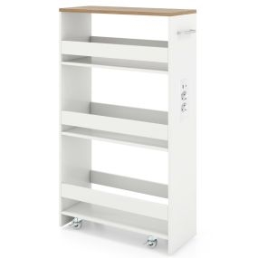 Carrito Delgado de 20 cm con Estación de Carga 4 Niveles Asa Barandillas y Ruedas Bloqueables para Sala o Cocina Blanco+Natural