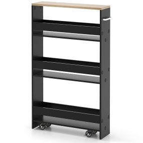 Carrito de Almacenamiento Rodante de 4 Niveles Carrito Estrecho de Cocina con Estantes Abiertos Manija para Espacios Reducidos Negro
