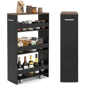 Carrito Delgado 20cm para Cocina con 4 Niveles Ruedas Bloqueables Asa y Barandillas Deslizable para Sala Estar Cocina Negro+Nogal