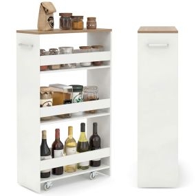 Carrito Delgado 20cm para Cocina con 4 Niveles Ruedas Bloqueables Asa y Barandillas Deslizable para Sala Estar Cocina Blanco+Natural