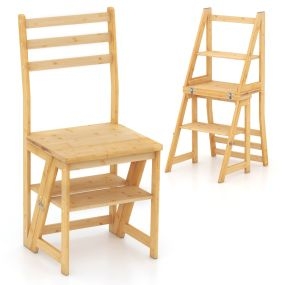 Silla plegable de bambú convertible en escalera de 3 escalones, carga 150 kg, natural