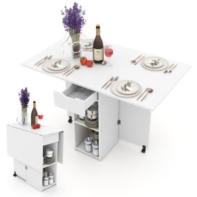Mesa de Comedor Plegable con 2 Ruedas Mesa Abatible para Espacios Pequeños con Estante Cajón Mesa Consola Versátil para Cocina Blanco