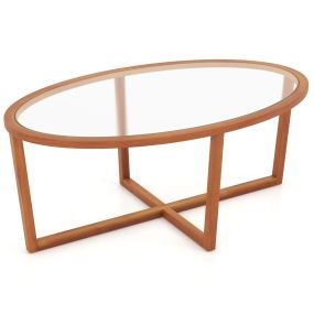 Mesa de Centro de Vidrio Mesa de Café Ovalada Moderna para Sala de Estar con Base Cruzada y Patas de Madera de Acacia Mesa de Acento Marrón