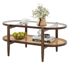 Mesa Central de Ratán PE con Superficie de Vidrio Templado y Marco de Madera de Acacia 102 x 56 x 47 cm Marrón