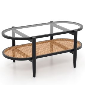 Mesa Centro 2 Niveles Ovalada con Tablero Vidrio Templado Estante Mimbre Marco Madera Curvada para Salón Sala Espera Negro