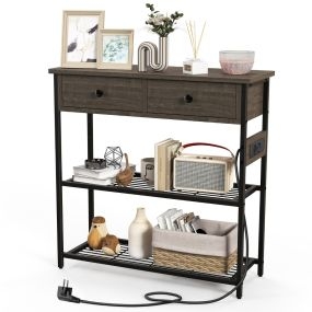 Mesa Consola Recibidor con Estación de Carga Cajones Estantes Tomas de Corriente Puertos USB para Sofá Salón 81 x 30 x 81 cm Gris