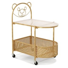 Mesa de Café de Cristal Móvil Mesa Lateral Moderna de 2 Niveles con Patrón de Oso Cesta de Metal Ruedas para Salón Dormitorio Estudio Oro