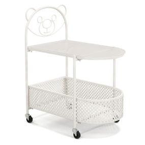Mesa de Café de Cristal Móvil Mesa Lateral Moderna de 2 Niveles con Patrón de Oso Cesta de Metal Ruedas para Salón Dormitorio Estudio Blanco