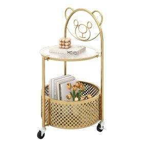 Mesa de Café de Vidrio Móvil Mesa Auxiliar de 2 Niveles con Patrón de Oso Cesta de Almacenamiento Marco de Metal Mesa Lateral Moderna Oro