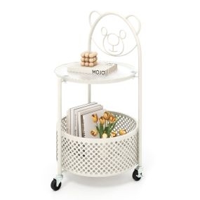 Mesa de Café de Vidrio Móvil Mesa Auxiliar de 2 Niveles con Patrón de Oso Cesta de Almacenamiento Marco de Metal Mesa Lateral Moderna Blanco