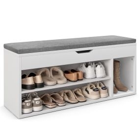 Banco zapatero con estantes y asiento extraíble de madera y espuma 104 x 30 x 48 cm blanco y gris