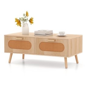 Mesa de Café de Ratán Mesa Central Moderno con 2 Cajones y Compartimento Trasero Mesa Rectangular con Patas de Madera para Salón Natural