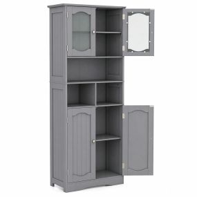 Armario Alto de Baño de MDF con Puertas de Vidrio Templado Amplio Espacio de Almacenaje Resistente para Baño 60 x 30 x 148,5 cm Gris